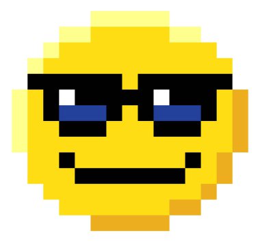 A cool emoji emoticon face in sunglasses icon in a pixel art 8 bit video game style clipart