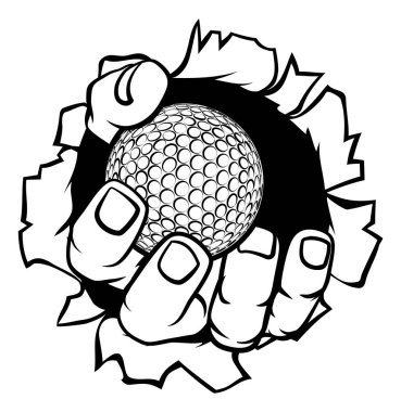 A strong hand holding a golf ball tearing through the background. Sports graphic clipart