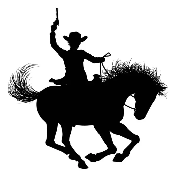 一个牛仔骑着一匹马 身披轮廓 在空中挥舞着手枪 免版税图库插图