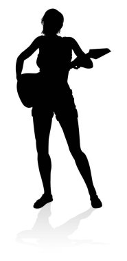 Ayrıntılı siluet içinde gitar enstrümanı çalan bir kadın gitarist..