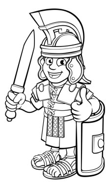 Romalı bir asker çizgi film karakteri kılıç tutuyor ve baş parmağını kaldırıyor.