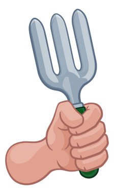 A gardener or farmer cartoon hand in a fist holding a garden fork clipart