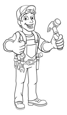 A handyman carpenter or builder cartoon man holding a hammer. Construction maintenance worker or DIY character mascot. Giving a thumbs up. clipart