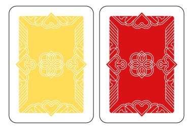 Yeni, orijinal, tam deste dizaynından sarı ve kırmızıyla tersten oynanan bir kart. Standart poker boyutu.