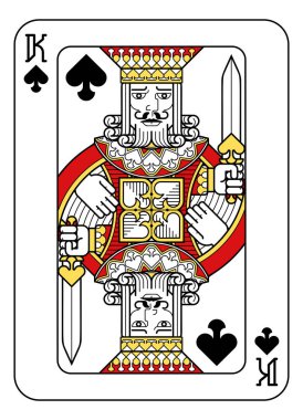 Yeni, orijinal, tam deste dizaynından kırmızı, sarı ve siyah renkli bir maça papazı. Standart poker boyutu