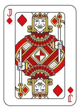 Karo Valesi 'nin kırmızı, sarı ve siyah renkli yeni orijinal deste tasarımından bir iskambil kağıdı. Standart poker boyutu