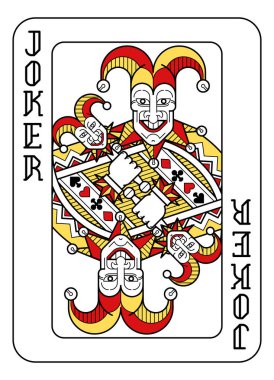Kırmızı, sarı ve siyah Joker 'in yeni, orijinal tam deste tasarımından bir iskambil kartı. Standart poker boyutu