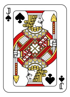 Kırmızı, sarı ve siyah renkli Maça Valesi 'nin modern orijinal deste tasarımından bir oyun kartı. Standart poker boyutu