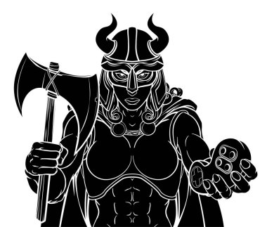 Bir Viking kadını ya da gladyatör kadın savaşçı oyun maskotu video oyunları kontrolörü