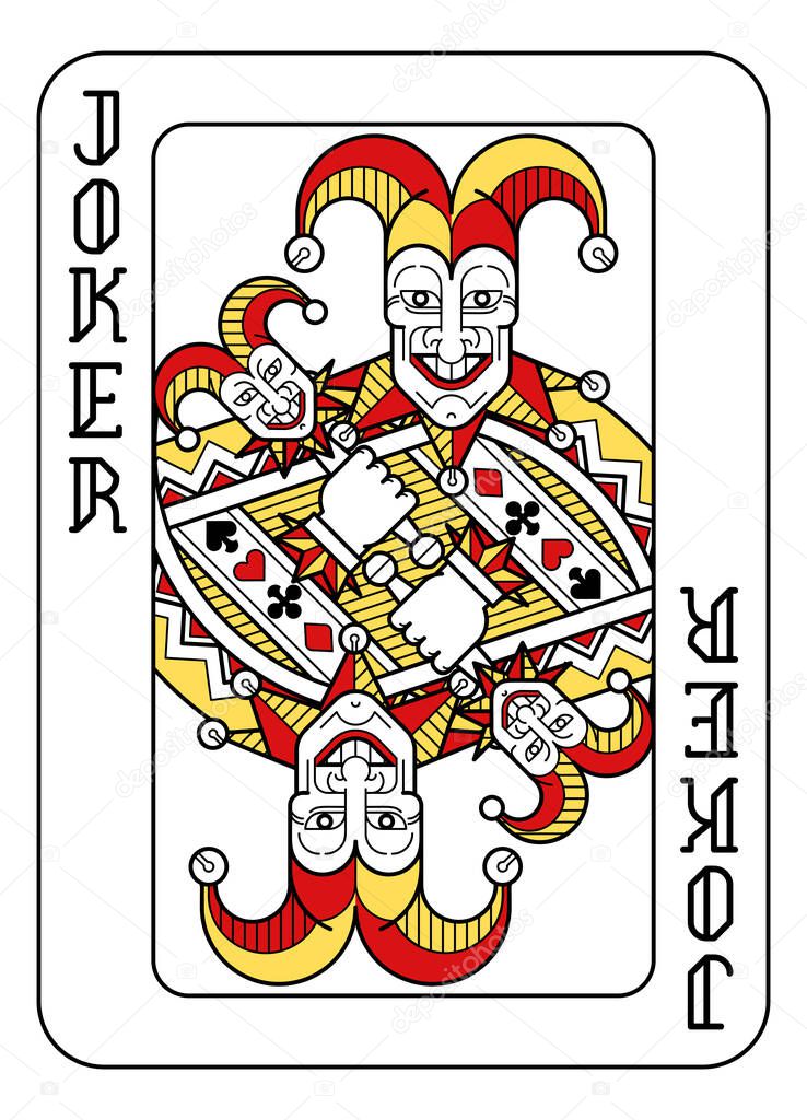 A playing card Joker in red, yellow and black from a new modern original complete full deck design. Standard poker size