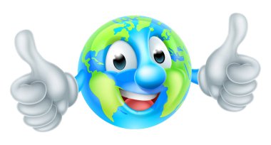 Sevimli, mutlu bir dünya çizgi filmi maskot karakteri başparmağını kaldırıyor.