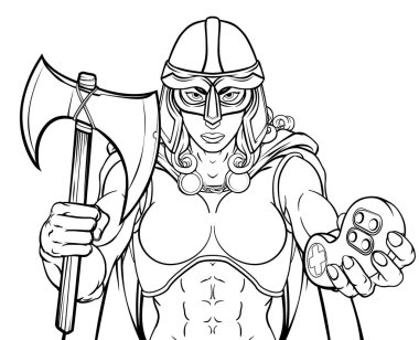 Dişi bir Viking, Trojan Spartan veya Kelt savaşçısı kadın gladyatör şövalye maskot video oyunları denetleyicisi