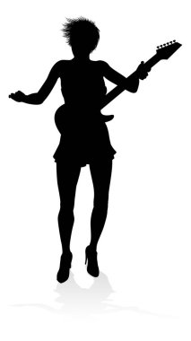 Gitar enstrümanını çalan, detaylı silueti olan bir kadın gitarist..