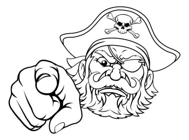 A pirate cartoon character captain mascot face and pointing hand with skull and crossed bones on his tricorne hat