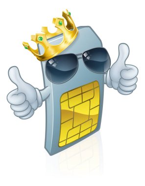 Bir cep telefonu sim kart karakter maskotu altın kral tacı takıyor ve güneş gözlükleri takıyor..