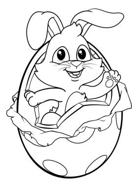 Paskalya tavşanı çikolatalı yumurtadan siyah beyaz çıkıyor. Boyama kitabı sayfası olarak kullanılabilir.