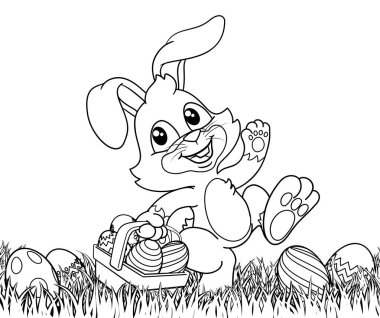Paskalya tavşanı çizgi film karakteri çimlerin üzerinde boyalı Paskalya yumurtalarıyla dolu bir sepet tutuyor. Siyah ve beyaz ana hatlarıyla.