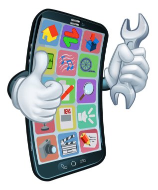 Cep telefonu onarım servisi ya da tamirci ya da tamirci olabilir. Çizgi film karakteri maskotu elinde anahtarla baş parmak işareti yapıyor..