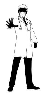 PPE koruyucu maskeli bir doktorun, bir mesaja dikkat çekmek için izleyiciye dur işareti yapması gibi tıbbi bir kavram.