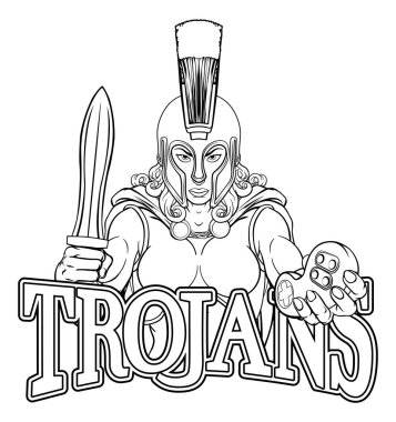 Bir Spartalı ya da Truvalı kadın ya da gladyatör kadın oyuncu maskotu video oyunları kontrolörüyle