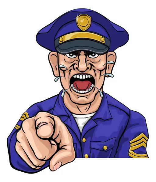 stock vector An angry policeman police officer pointing at the viewer and shouting cartoon