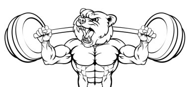 Ayı gibi bir vücut geliştirici spor maskotu halter kaldırıyor.