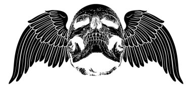 A winged skull graphic. Original illustration in a vintage engraving woodcut etching style. clipart