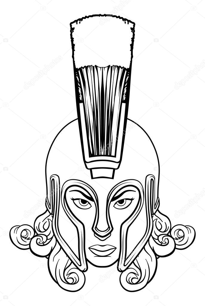 A tough woman warrior in ancient style helmet. Possibly an ancient Greek Spartan or Trojan or Goddess such as Athena. Could also be Britannia or a gladiator
