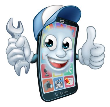 Cep telefonu onarım servisi ya da tamirci ya da tamirci olabilir. Çizgi film karakteri maskotu elinde anahtarla baş parmak işareti yapıyor..