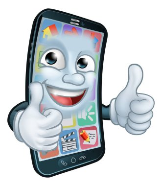 Bir cep telefonu çizgi film karakteri maskotu çifte onay veriyor..