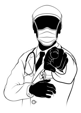 PPE maskesi takan ve ihtiyacı olduğunda parmağıyla işaret eden siluetli bir doktor..