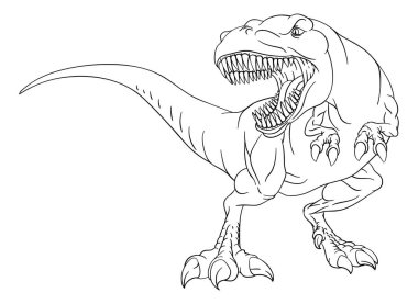 Bir dinozor T-Rex tyrannosaurus siyah-beyaz çizgi film çizgi filmi, çocuk çizgi roman sayfası gibi.