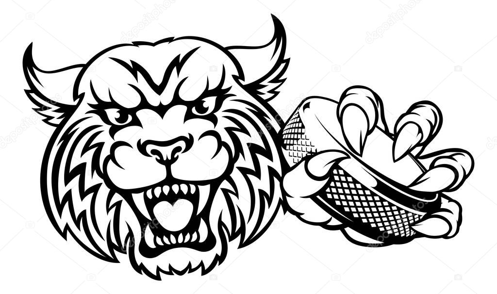 A wildcat ice hockey player animal sports mascot holding a puck