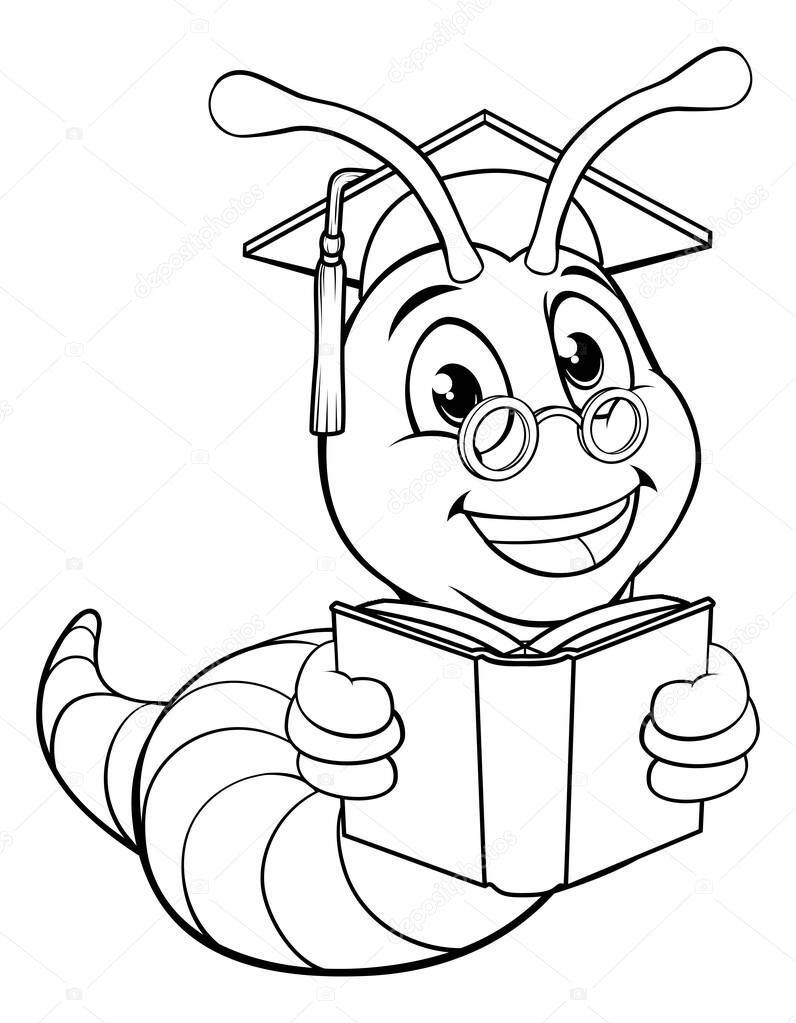 A bookworm cute cartoon worm in black and white outline like a kids coloring book page