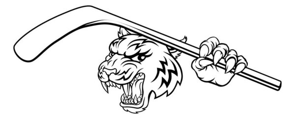 A tiger ice hockey player animal sports mascot holding a hockey stick