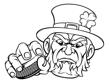 A leprechaun ice hockey sports mascot cartoon character holding a puck clipart