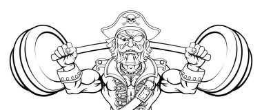 Bir korsan ağırlığı, bir halterli çizgi film spor maskot karakterini kaldırıyor.