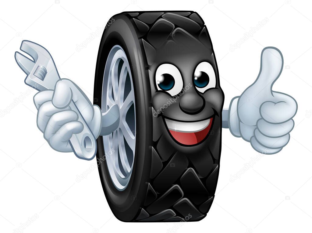 A tyre cartoon car mechanic service mascot holding a spanner and giving a thumbs up