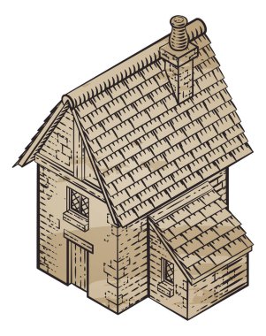 Antika oymalı ahşap oyma tarzında bir ortaçağ yapı haritası izometrik çizimi