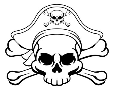 Üzerinde çapraz kemikler olan korsan şapkası takan bir kafatası ve çapraz kemikler.