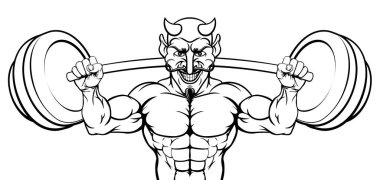 Şeytan bir ağırlık kaldırıcı vücut geliştirici spor maskotu büyük bir halter kaldırıyor.