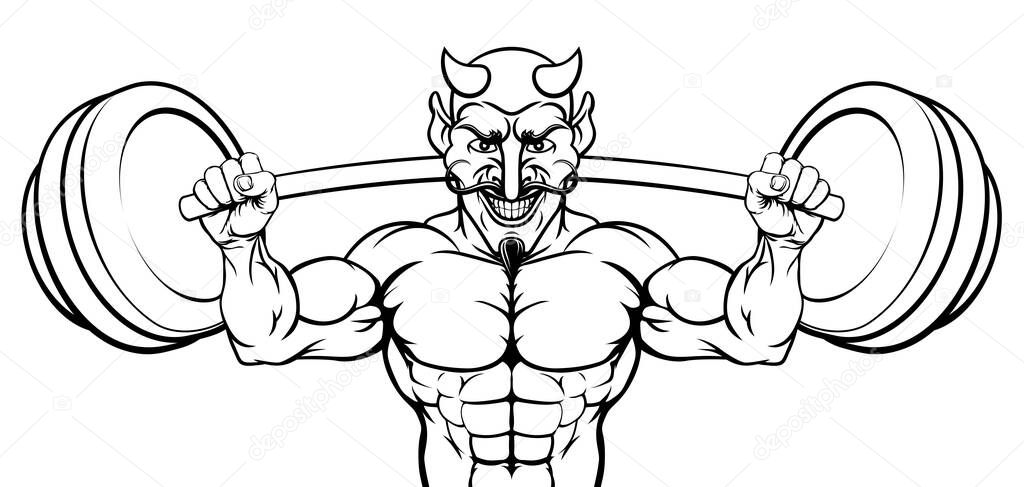 A devil Satan weight lifter body builder sports mascot lifting a big barbell