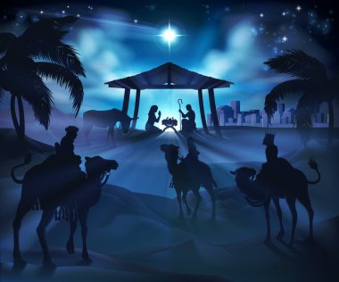 Christmas nativity scene, baby Jesus, Mary and Joseph in manger. Bethlehem in background. 3 Wise Men riding camels in silhouette to pay homage. The star above stable. Christian religious illustration. clipart