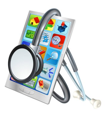 A mobile phone with stethoscope conceptual illustration for either phone repair or health and fitness related apps clipart