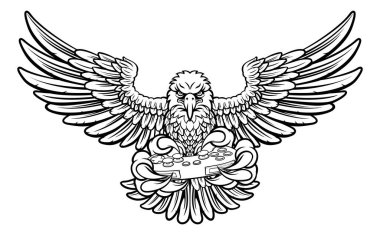 Bir kartal çizgi film karakteri oyuncusu, elinde video oyunları denetleyicisi olan spor maskotu taşıyor.