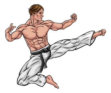 A karate or kung fu martial artist delivering a flying kick wearing white gi trousers and blackbelt clipart