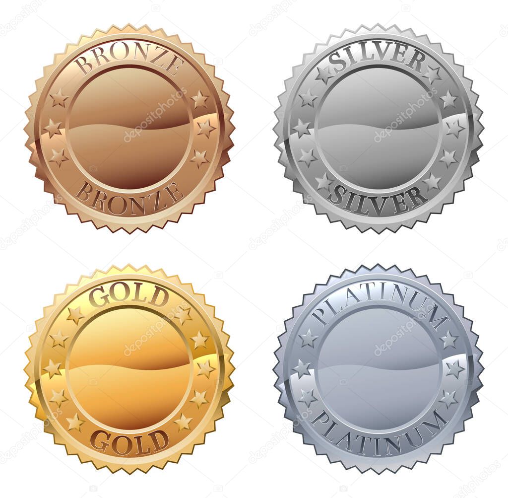 A medals icon set with platinum, gold, silver and bronze badges