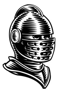 Bir ortaçağ şövalyesinin zırhlı başlığının orijinal bir çizimi. Oymalı eski bir ahşap oyma tarzında..