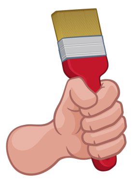 Boya fırçası tutan bir yumrukta bir ressam ya da karikatür el.