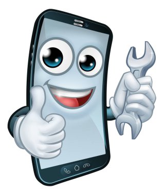 Cep telefonu onarım servisi ya da tamirci ya da tamirci olabilir. Çizgi film karakteri maskotu elinde anahtarla baş parmak işareti yapıyor..